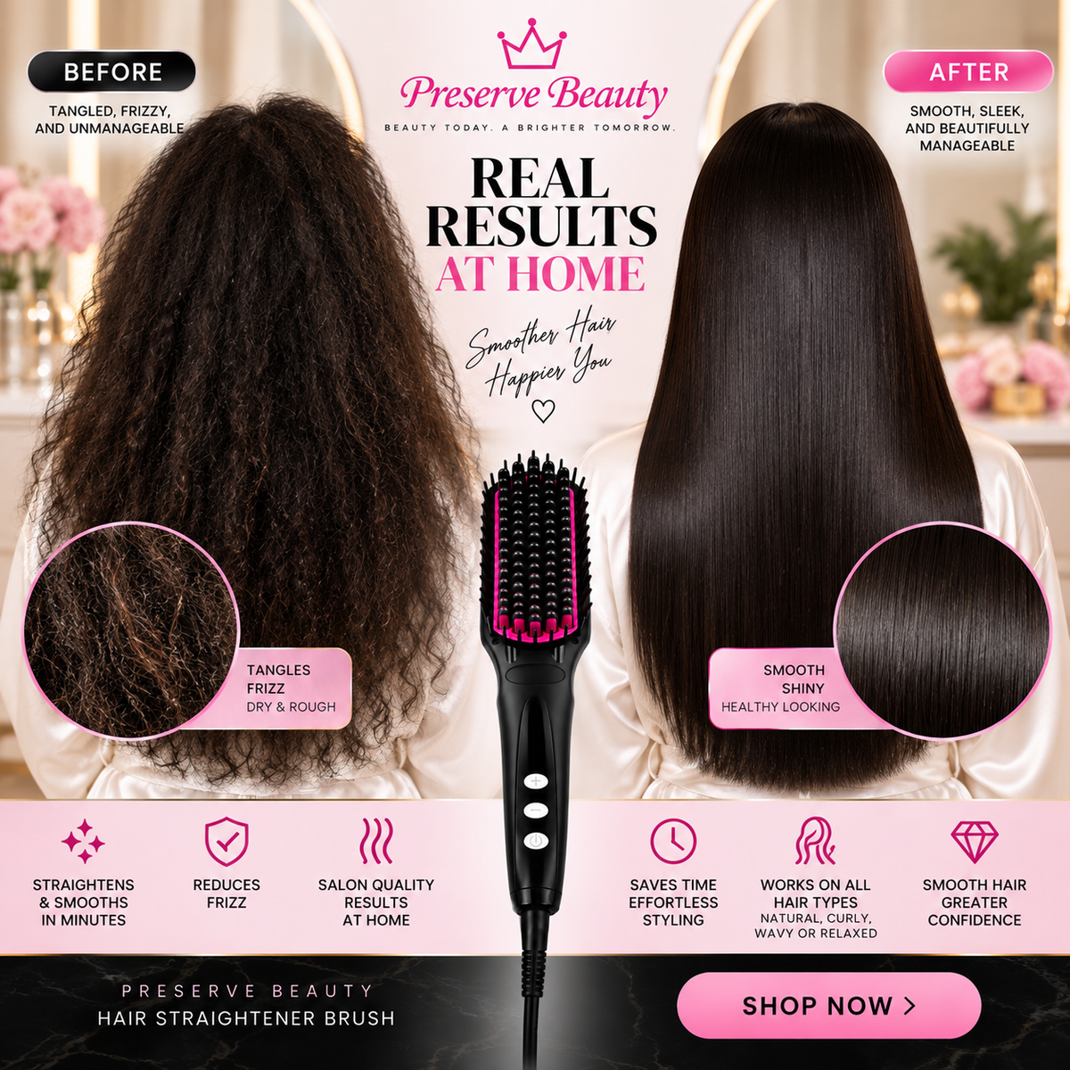 Straightening brush before and after results on curly hair