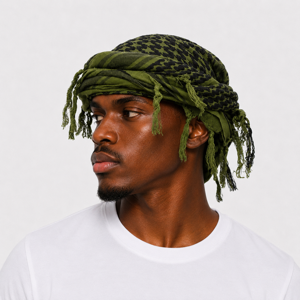Halo turban durag in olive green, worn front view