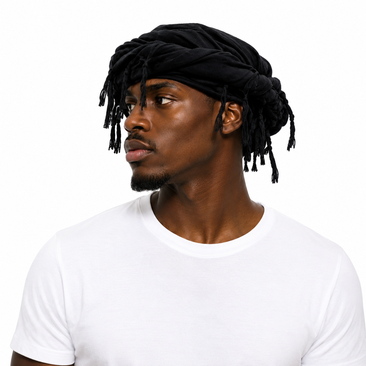 Satin-lined halo turban durag in black with tassel trim