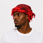Satin-lined halo turban durag in red, worn front view
