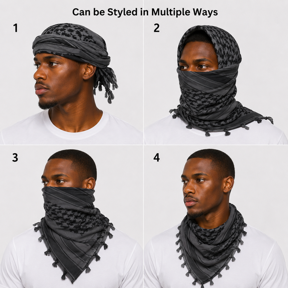 Halo turban durag styled four ways — as a headwrap, neck gaiter and face cover