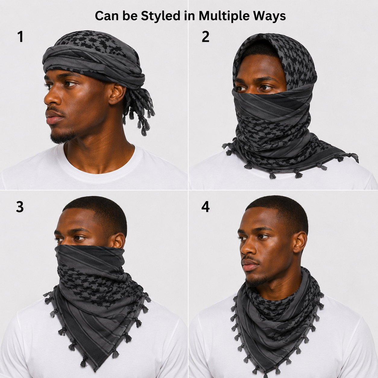 Halo turban durag styled four ways — as a headwrap, neck gaiter and face cover