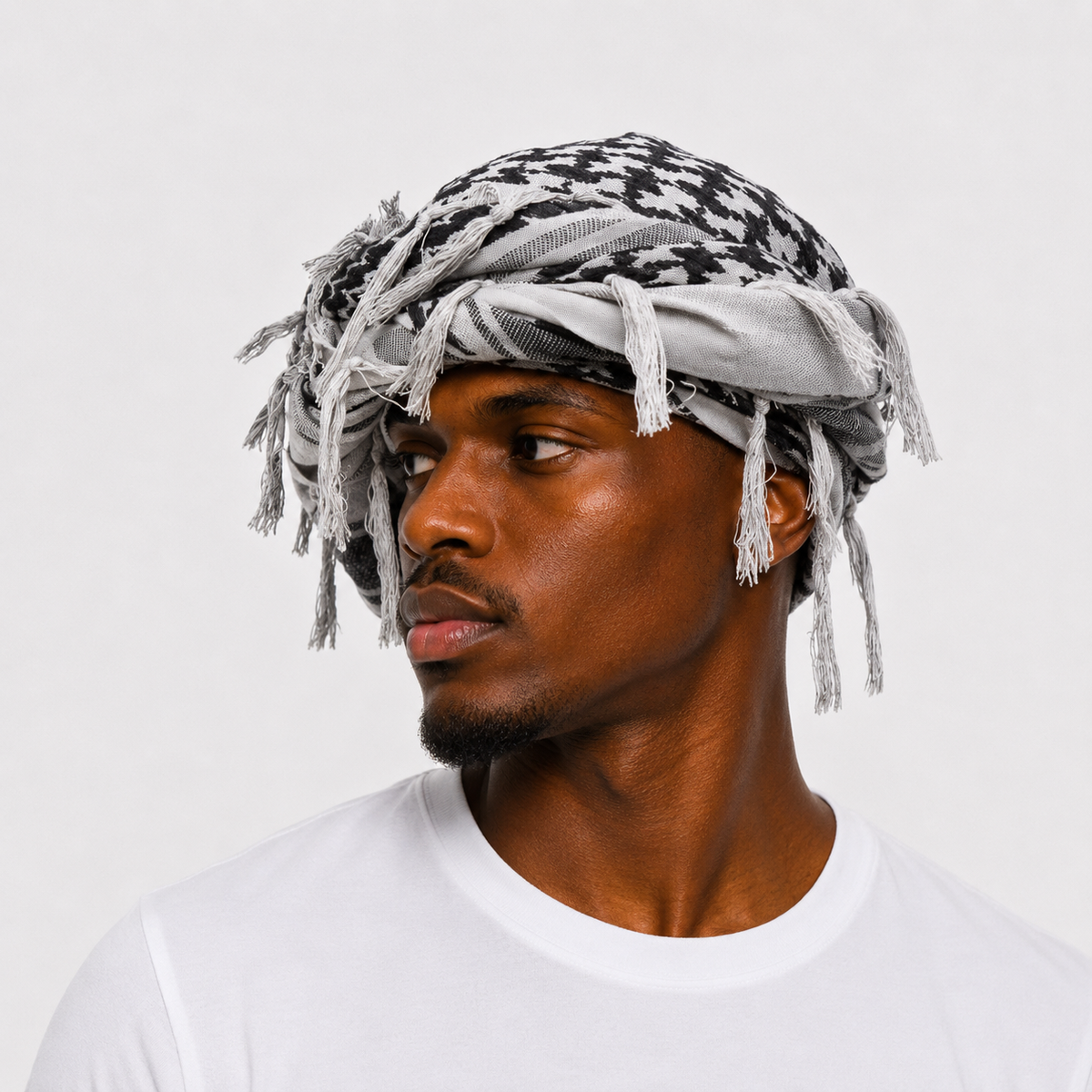 Halo turban durag in grey pattern, side view