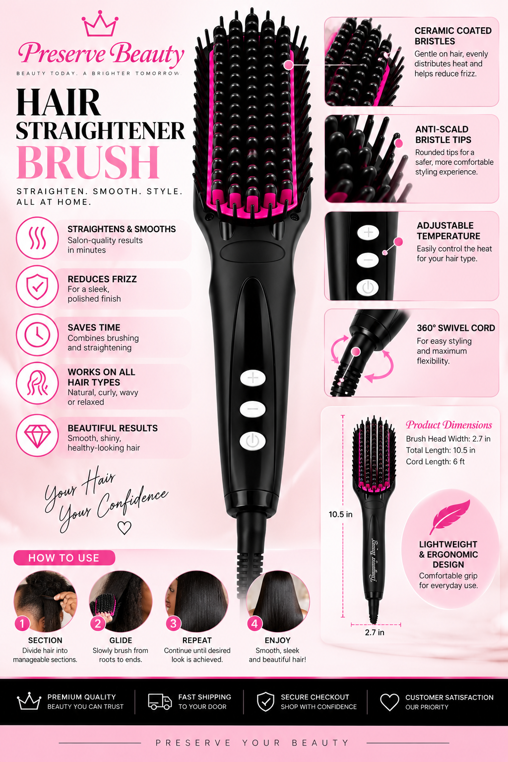 Hair straightener brush features — ceramic bristles, adjustable temperature, 360 swivel cord