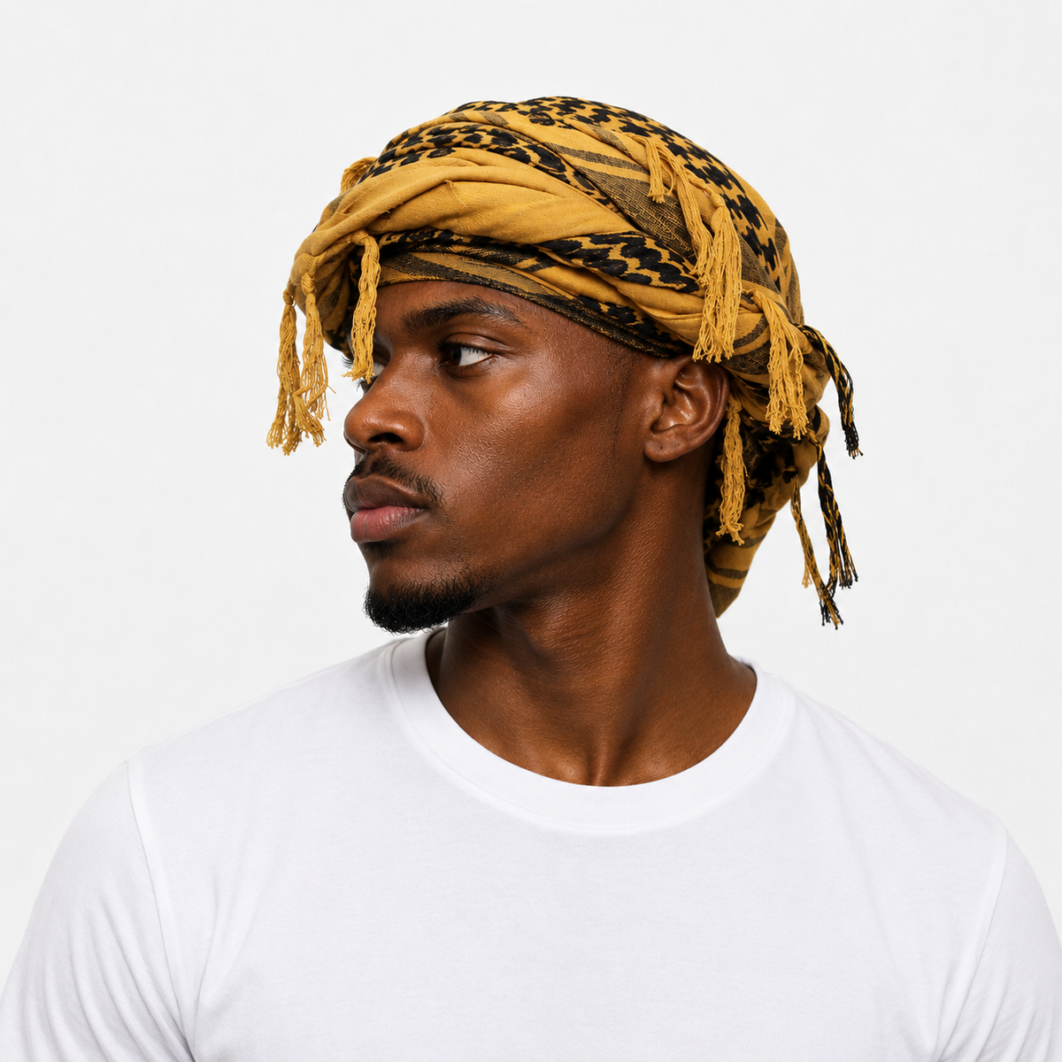 Halo turban durag in gold, worn front view