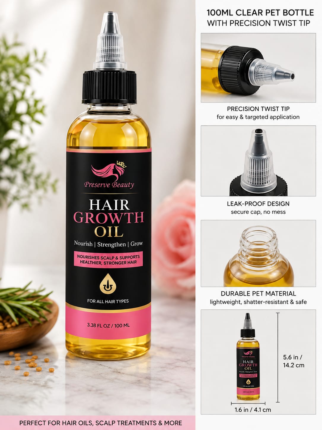 Ginger Hair Growth Oil back label with ingredients, directions and warnings